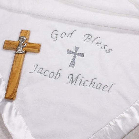 Embroidered God Bless Baptism Christening Baby Blanket