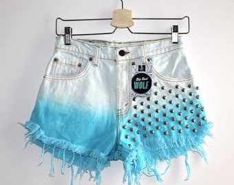 Denim Cutoff Shorts - Light Blue Ombre, Studded and Frayed Denim Blue Ombre Shorts