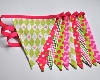 Pink & green girls fabric banner bunting, birthday party decoration, photo prop, girls room dorm decor