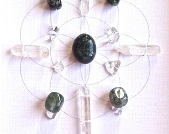 MOSS AGATE -- GRID--- framed crystal grid with sacred geometry