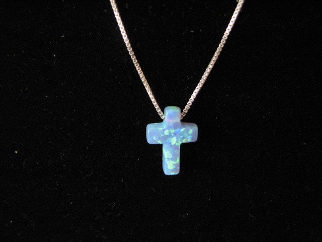 Blue Opal Cross Necklace on fine Sterling Silver Chain Pretty