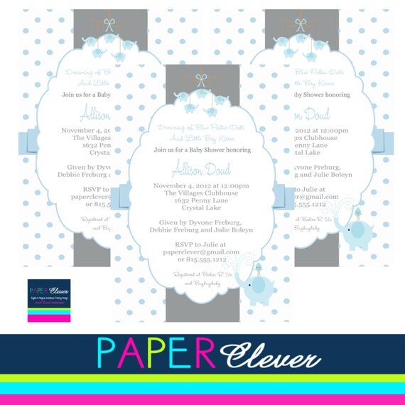 Boys baby shower invitation elephant, blue, gray - digital file, printable (#130L) Il_570xn