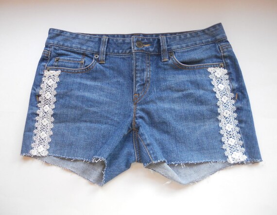 Items similar to Lace Jean Shorts Embellished Denim Shorts Ann Taylor ...