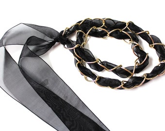 Black Organza Belt with Gold Chain for DIY Projects and Fashion