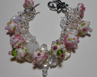 50% OFF! Pink, white and green breast cancer glass beads, beautiful crystal beads and silver flower toggle clasp.