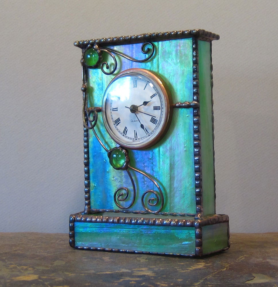 Unique Stained Glass Mantle / Shelf Clock Green w/ by Eclectium