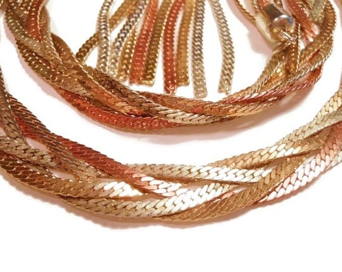 5 strand necklace and earrings, gold, silver copper herringbone necklace and earrings, long twisted braided chain