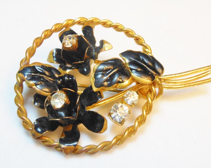 FREE SHIPPING Floral circle brooch black enamel flowers with Austrian crystal rhinestones - made in Austria