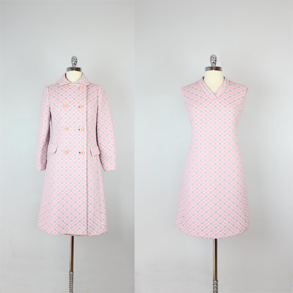 vintage 60s mod coat and dress set / pink / gray / matching