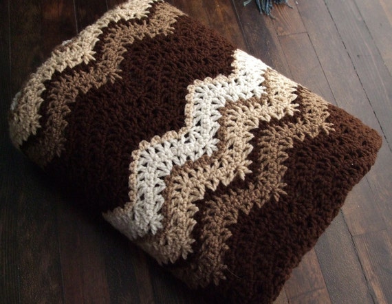 Ripple Afghan in Brown and Cream Crochet Throw Blanket