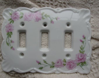 Hand Painted Baby Pink Roseson a porcelain Triple Switchplate Cover
