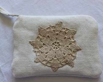 White Cotton Change Purse with Beige Doily Appliqued onto Front