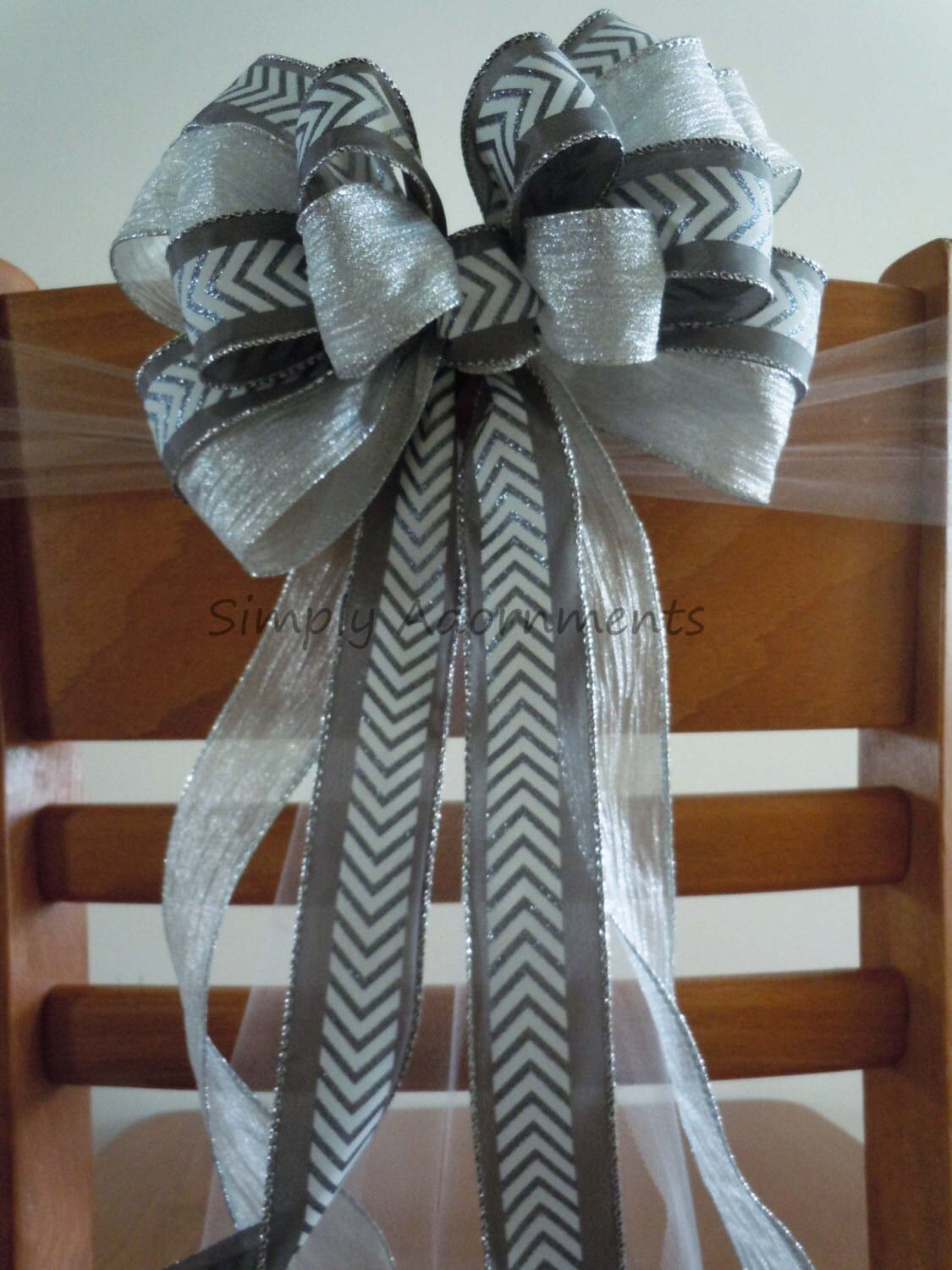 Gray and Silver Wedding Pew Bow Silver Gray Chevron Winter Christmas Wedding Aisle Bow Grey Birthday Shower Party Decoration Bow