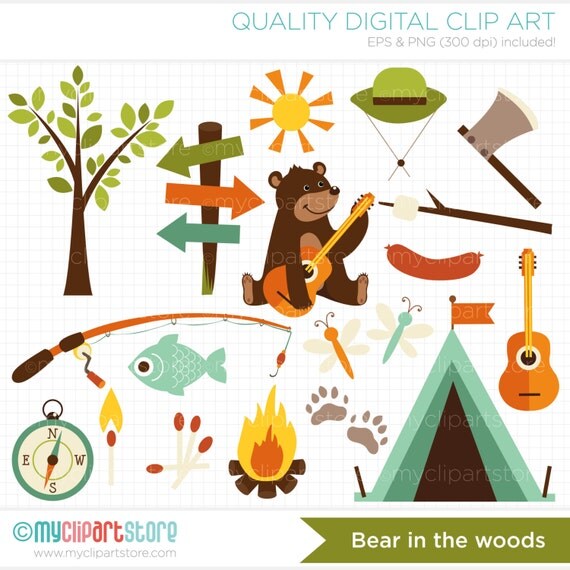 Clipart Bear in the woods / Camping / Fishing / Father's