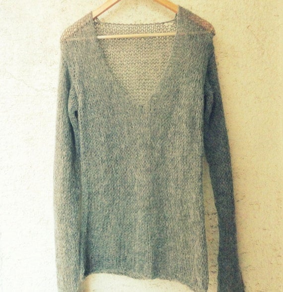 Dark Gray Sweater V Neck Sweater Grunge Sweater Grey Knit