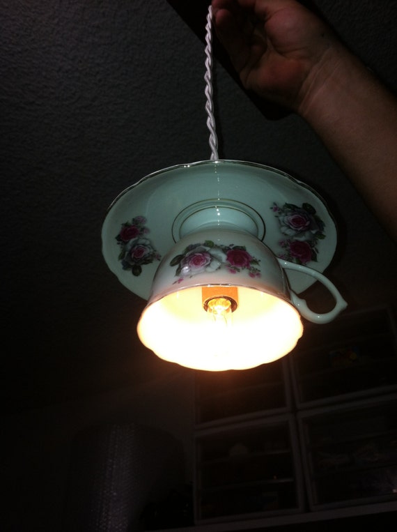 light Tea tea cup  Ceiling  vintage white Stunning Black cord Antique Lights or  Cup Pendant