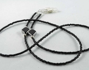 Black beaded eyeglasses chain with black and silver diamond accents