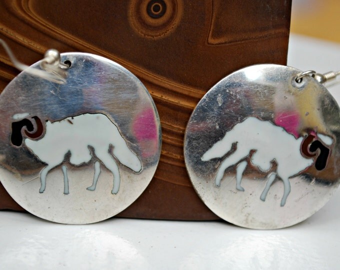 Ram Dangle earrings Mexico Alpaca silver white Black inlay enamel