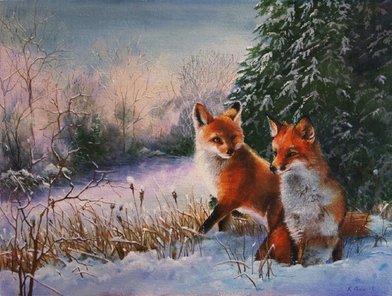 red foxes winter snow scene acrylic painting wildlife animal