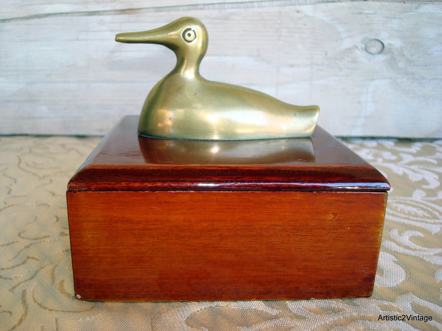 Vintage Wood Brass Duck Trinket Box, Brass Duck Wood Small Jewelry Box