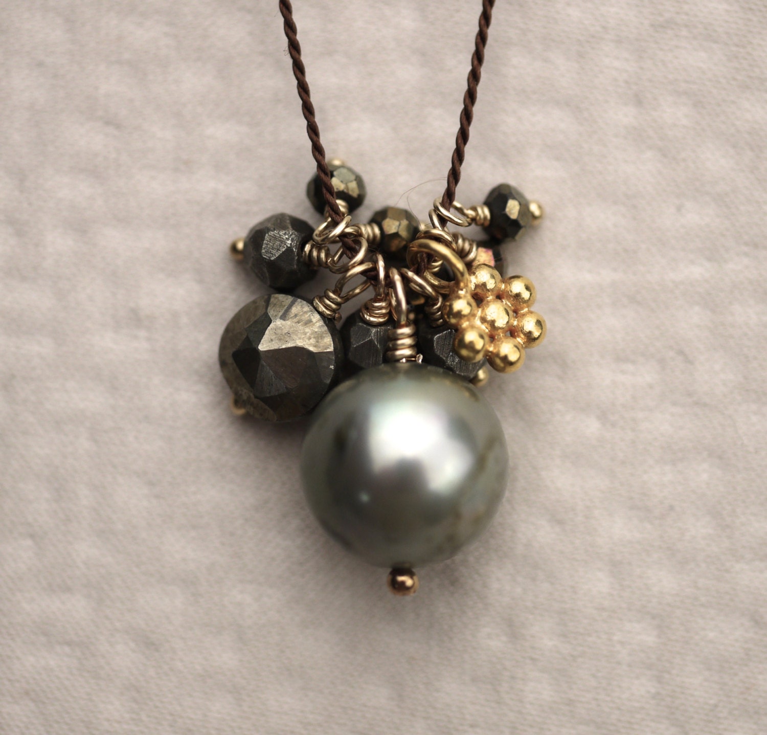Dark Gray Pearl Pyrite and Gold Charm Necklace Metallic