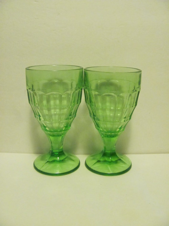 Block Optic Green Depression Glass Water Goblets Vaseline