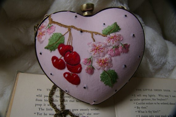 Hand Embroidery pattern Purse heart shape cherries blossoms