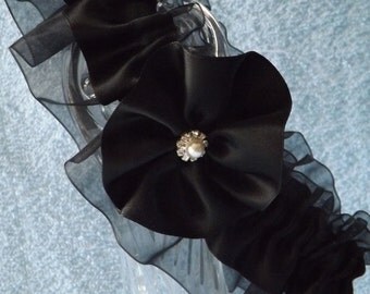 Black Wedding Garter Belt - Flower - One Size and Plus Size - Jaretelle - Jartiere