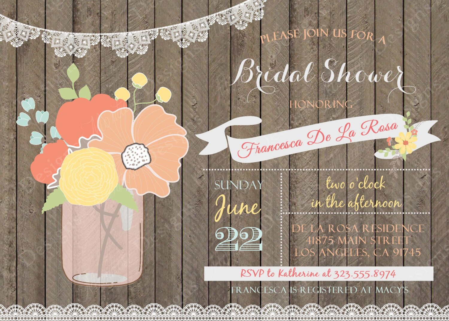 Rustic Floral and Lace Bridal Shower Invite by montrosedesigns