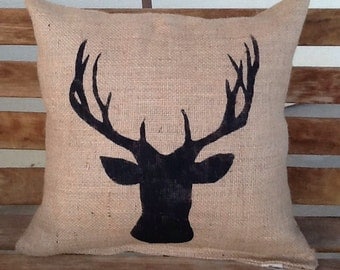 Burlap Deer Pillow Lodge Decor Rustic Throw Accent Burlap Deer Pillow Lodge Decor Rustic Throw Accent