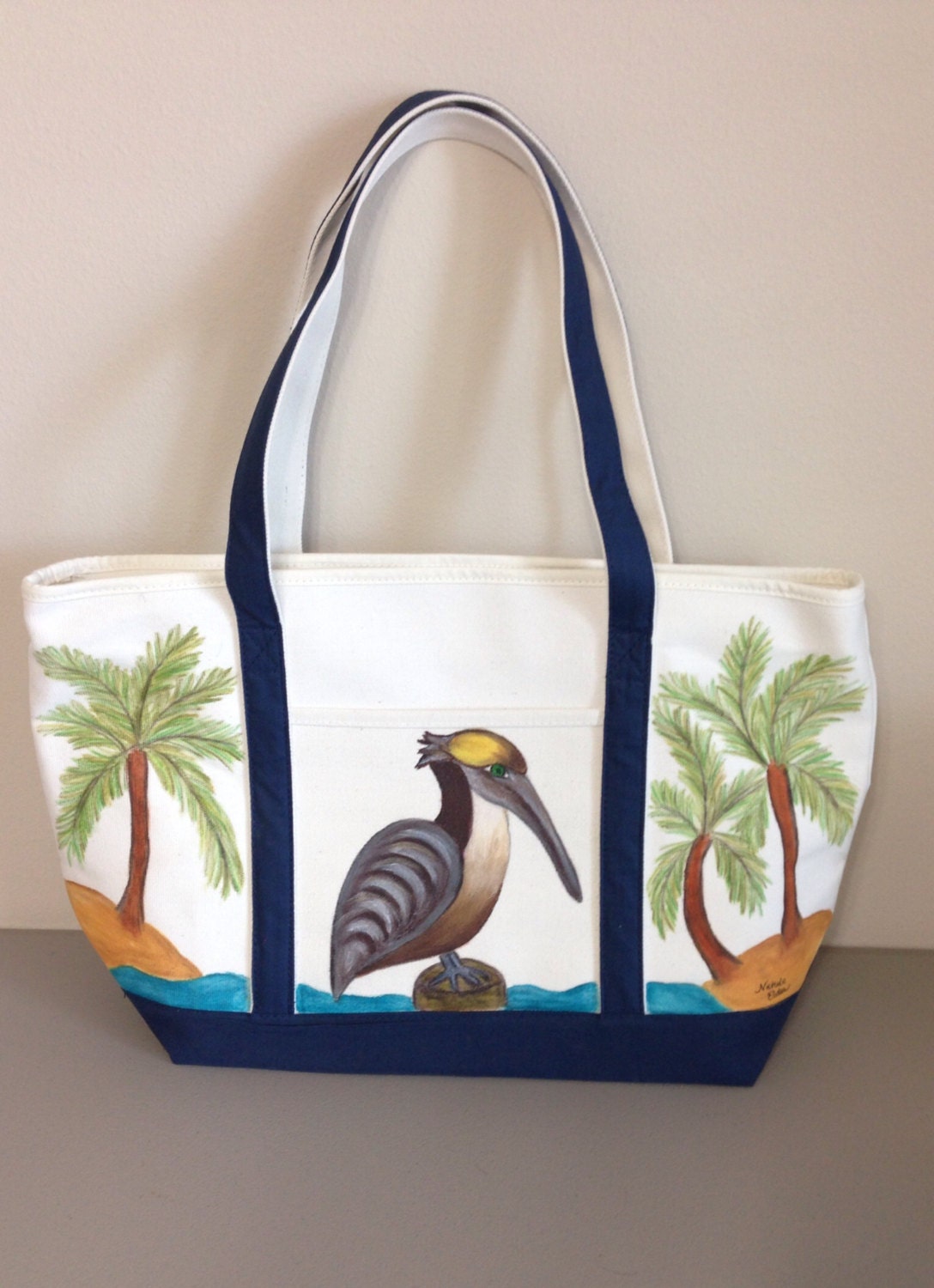 Beach Tote Bag Hand Painted with Pelican and Palm Trees
