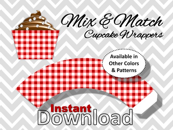 Crimson Red Gingham Cupcake Wrappers - Instant Download - Mix & Match With Other Patterns and Colors, DIY Printable Party Decorations Il_570xn