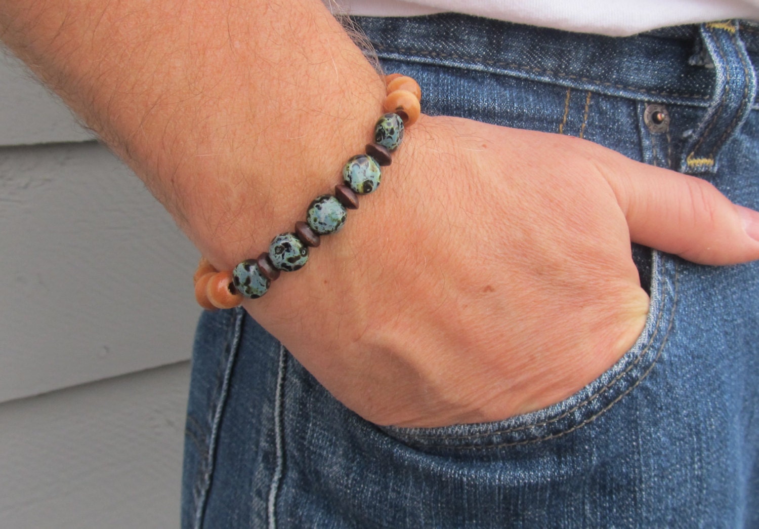 Mens beaded bracelet blonde wood beads ceramic green and black