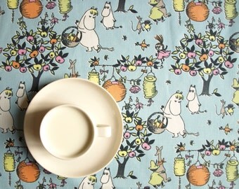 Tablecloth Moomin Character blue white orange Harvest party Scandinavian Design , runner , napkins , pillow , curtains available, great GIFT