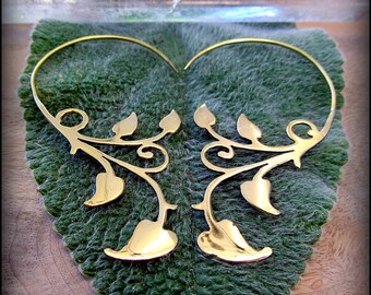 Ivy Vine Earrings in Gold Brass ~ Tribal Style like Fake Gauges ~ Fit Standard Un-Stretched Piercing ~ Elven Fairy Earthy Art Nouveau Garden