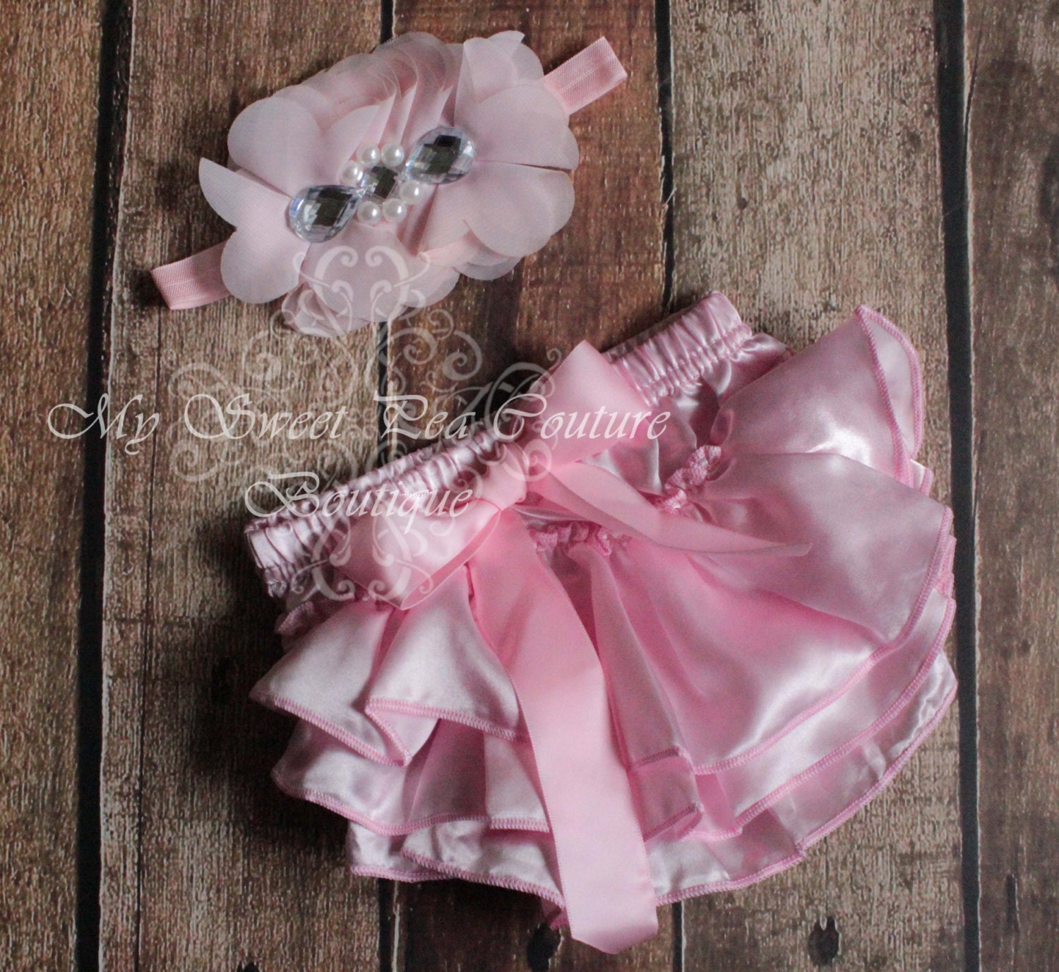 Light Pink Satin Ruffle Bloomer Set Headband and Bloomers