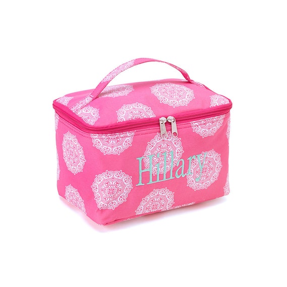 Large Cosmetic Bag in Aqua Pink Black by HoopandStitch on Etsy