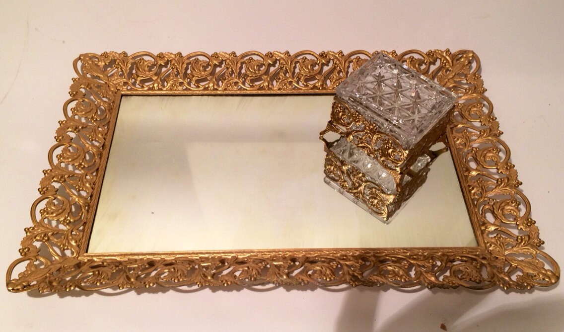Gilt filigree Perfume Vanity Dresser Mirrored Tray Medium with