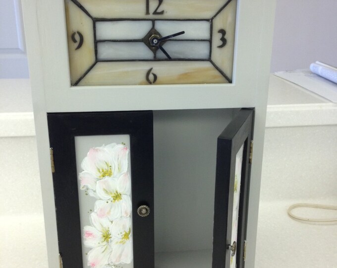 Solid Wood Cabinet with Stained Glass Clock, Decorated with Dogwood Flowers