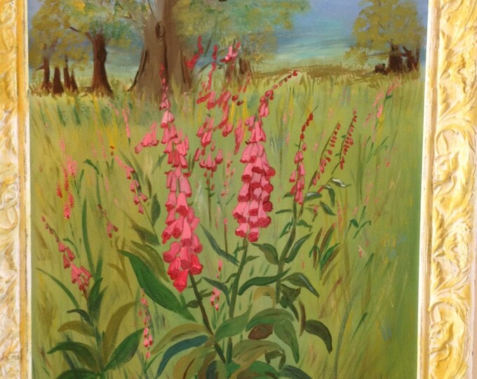 Field of Foxgloves 16" x 20" Acrylic Painting Framed by a Solid Ornate Wood Frame