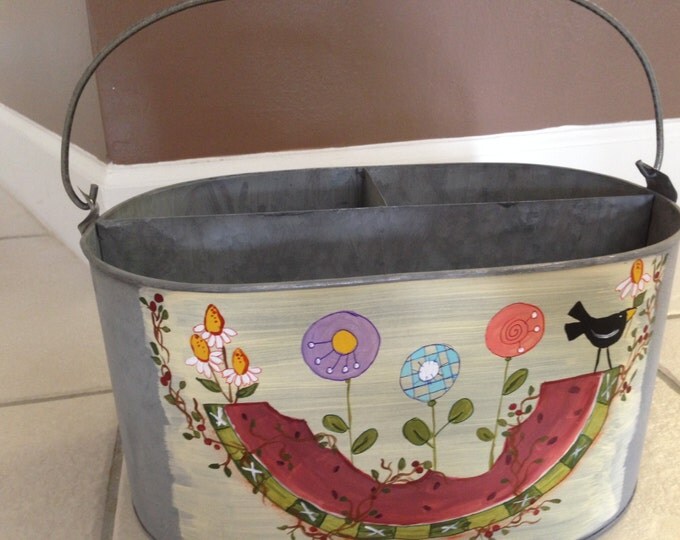 Metal Bucket Tote - 3 separate compartments - Painted on Summer Watermelon Party!