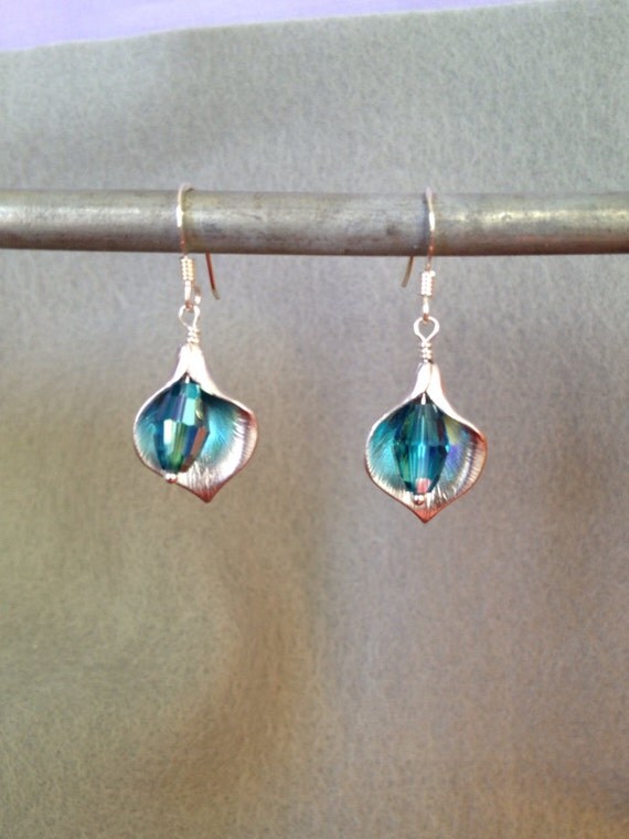 Beauty Gifts Silver Calla Lily Teal Crystal Silver Dangle Drop