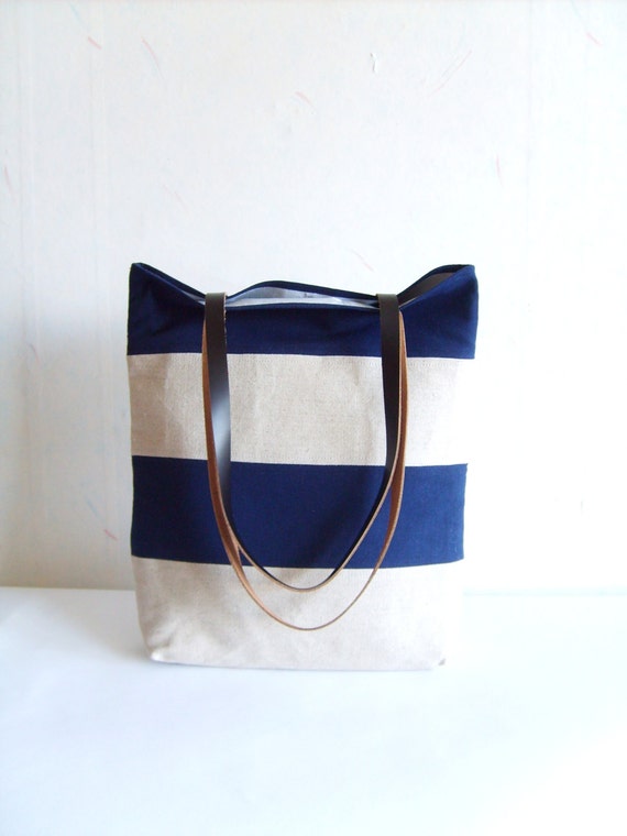 Summer beach tote bag nautical tote bag linen tote bag blue