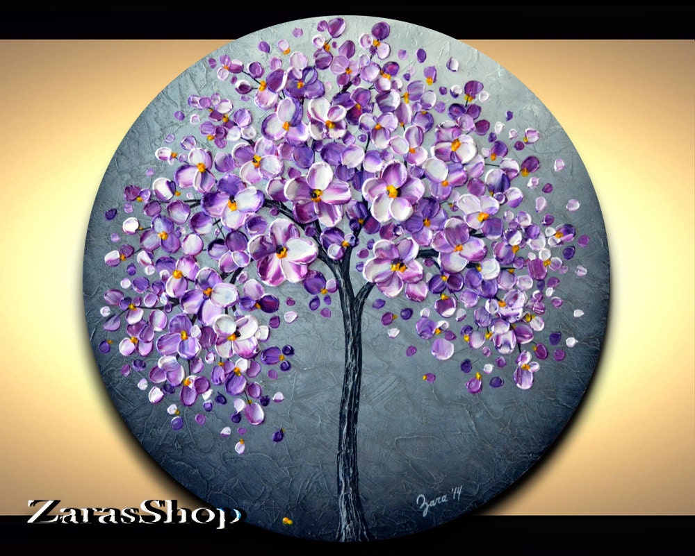 Round canvas art white lavender purple blossom tree by
