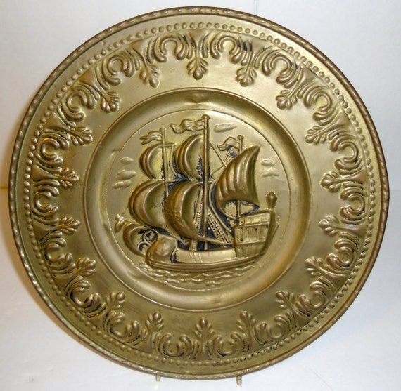 Metal Wall Hanging Plates Vintage Brass Embossed Metal