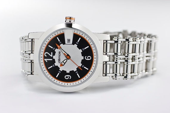Motorcycle CHAIN Watch / Bikers wristwatch / Mayans MC style - polished stainless steel bracelet with black / white / ORANGE dial