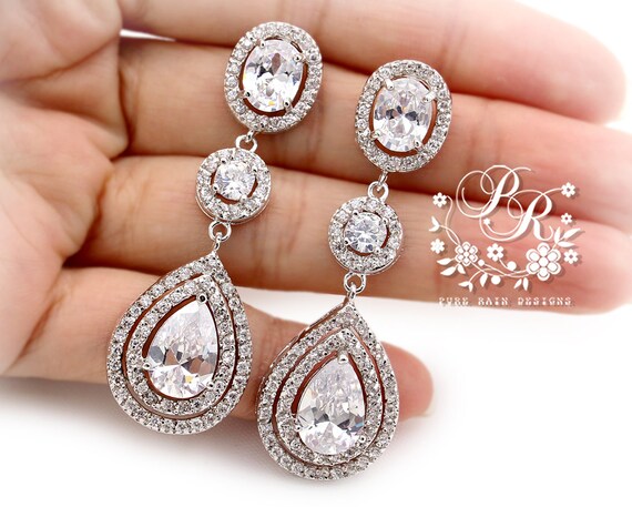 Wedding Earrings Platinum plated Teardrop Zirconia Rhinestone Earrings Wedding Jewelry Bridal Jewelry Bridal Earrings Wedding Accessory Deba
