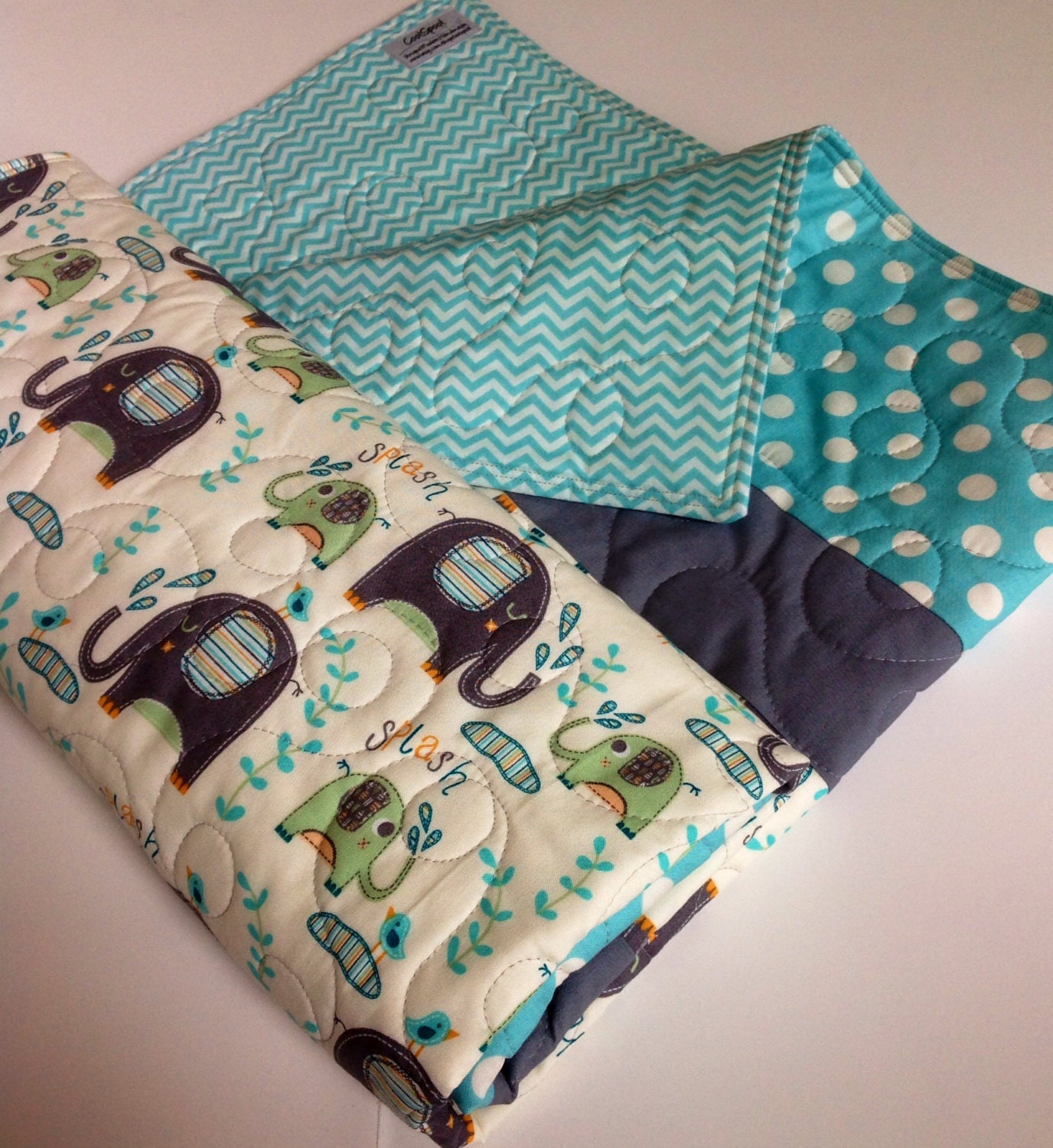 Modern Baby Quilt Elephant Splash BlueGreen Chevron Grey