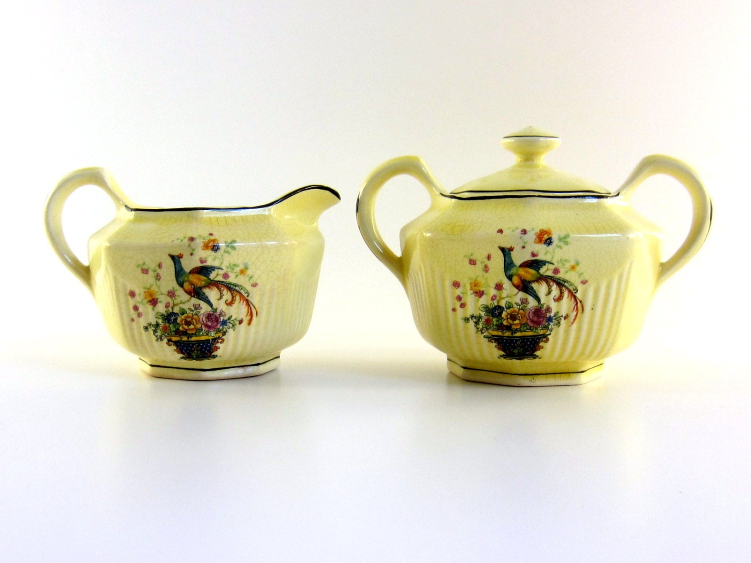 Vintage Yellow Sugar and Creamer Set Peacocks Haute Juice