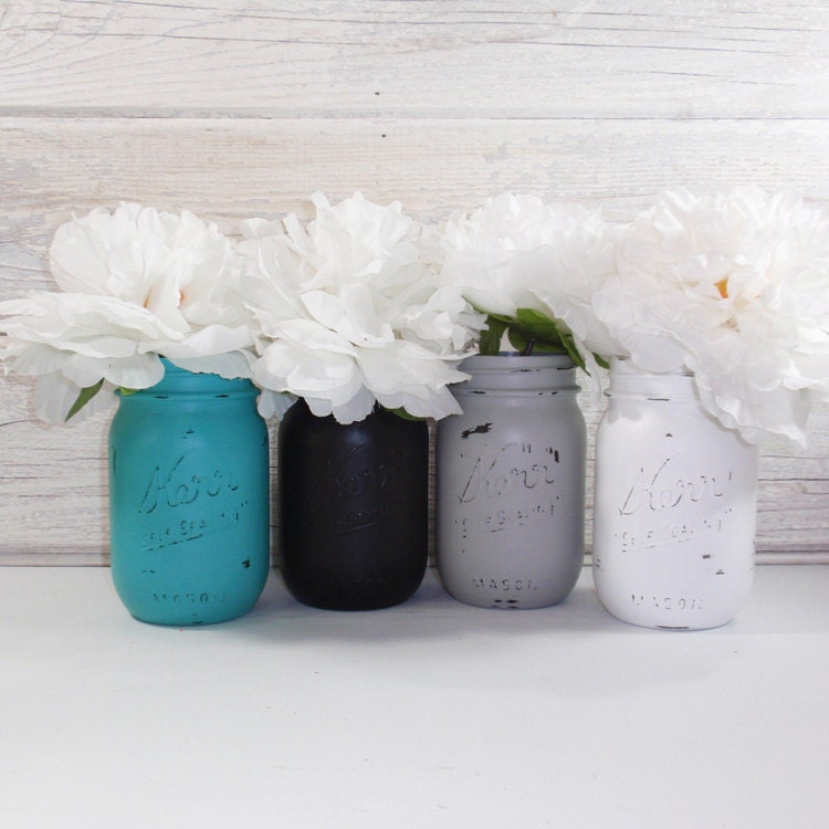 4 Hand Painted Pint Mason Jar Flower VasesDorm Room Two